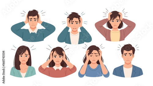 Silent Screams: A collection of individuals, each grappling with a unique expression of distress, captures the raw essence of emotional turmoil through distinct illustrative portrayals.