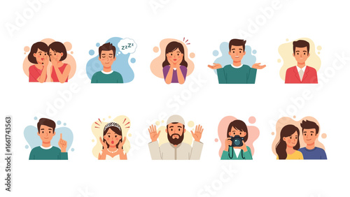 Diverse Emotions: A collection of illustrations showcasing a wide range of human feelings and expressions, from whispering secrets to expressions of surprise, and other human moments.