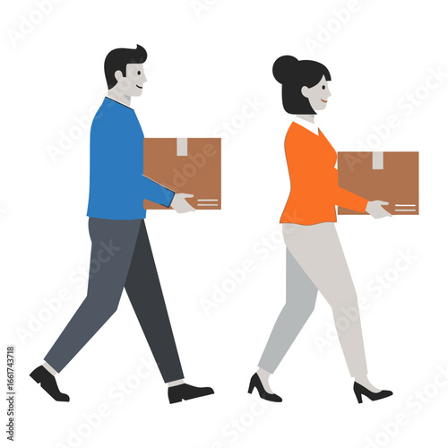 Delivery Duo: A dynamic illustration of a man and a woman, each carrying a cardboard box, embodying the essence of delivery, courier service, and logistics in a flat design style.