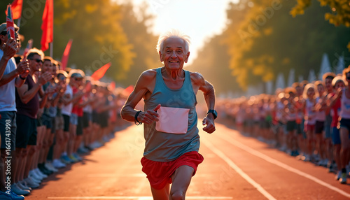 Elderly athlete running in a 5K race with enthusiasm at sunset for International Older Persons Day  