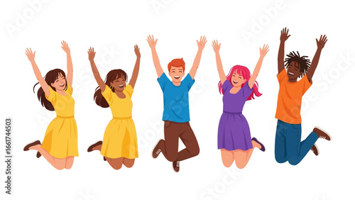  Joyful Ascent: A diverse ensemble of cheerful individuals leap for joy, arms outstretched in a vibrant display of unity, harmony, and elation.