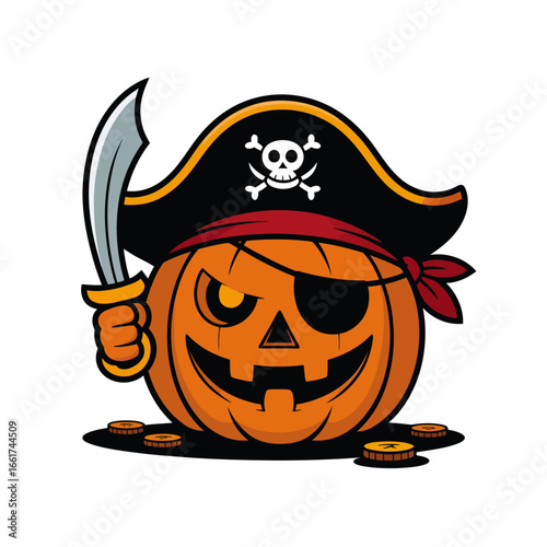 Pumpkin pirate with sword, hat, gold coins. Ideal for halloween, fall, themed designs, childrens projects, seasonal decorations, festive graphics.