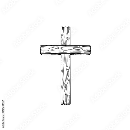 Illustration shows a simple wooden cross in black and white, suitable for religious themes.