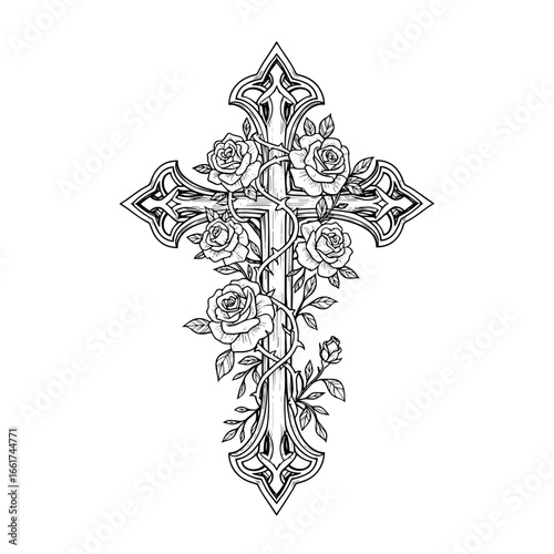 An intricately designed Christian cross is entwined with blooming roses and thorny vines, perfect for tattoo designs and religious artwork.