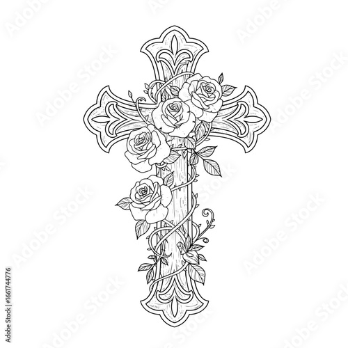 Elegant artwork featuring a decorative cross intertwined with blooming roses and winding vines, perfect for tattoos or religious designs.