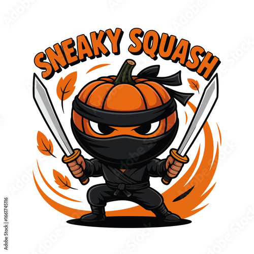 Sneaky squash cartoon character with swords and ninja garb. Perfect for childrens book illustrations, character designs, and themed products.