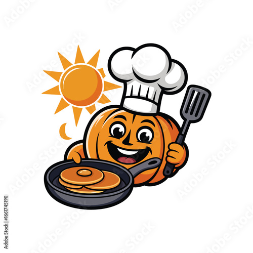 Cheerful pumpkin chef making pancakes in morning light. Halloween, cooking, food, autumn, seasonal, festive, recipe, kitchen, breakfast, happy.