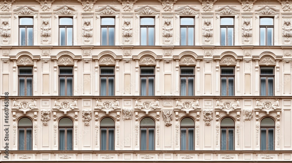 Fototapeta premium A stunning European-style villa features intricate details and a beige facade, situated in a bustling urban area of Shanghai under a clear blue sky