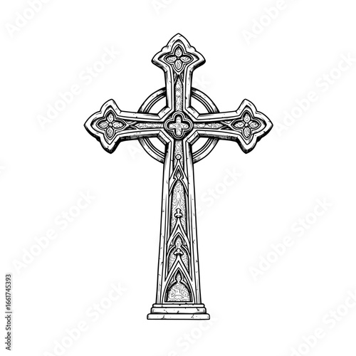 A decorative stone Celtic cross with intricate carvings is shown against a white background, suitable for religious or historical designs.