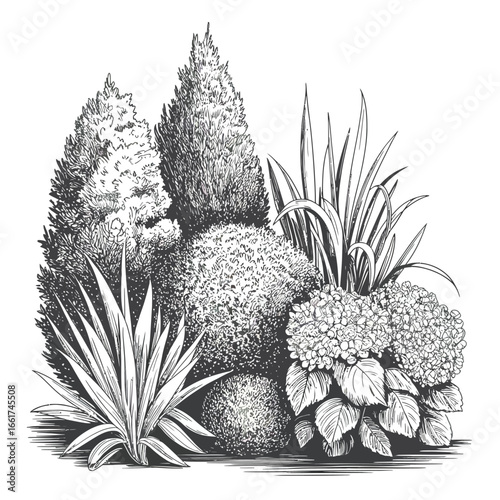 Ornamental Bush and Grass Vector Set  Shrub Silhouette, Landscape Greenery, Decorative Plant Elements for Garden Design