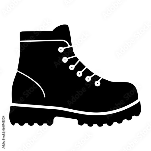 Illustration of a black hiking boot with white laces and a thick treaded sole on a white background