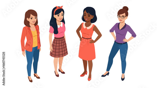 Unity in Diversity: A vibrant illustration of a close-knit gathering, showcasing the unique beauty of diverse female figures, each with her own distinct style and radiant confidence. 
