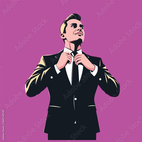 Vector art of confident businessman adjusting his tie, looking up with a stylish pose