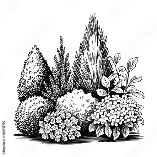 Ornamental Bush and Grass Vector Set  Shrub Silhouette, Landscape Greenery, Decorative Plant Elements for Garden Design