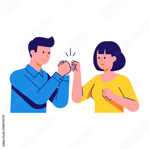 Cooperation and collaboration: A joyful and enthusiastic illustration depicting two individuals engaged in the gesture of a fist bump, emphasizing the themes of unity and mutual respect. 