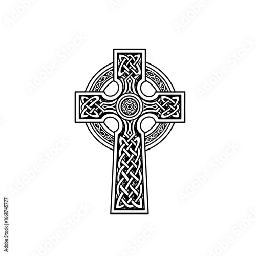 An intricate Celtic cross design features detailed knot patterns on a white background, ideal for tattoos and graphic applications.