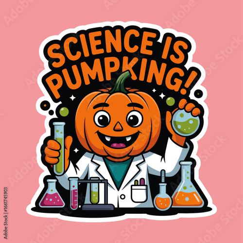 Pumpkin scientist in lab coat conducting an experiment with beakers. Perfect for fallthemed posters, halloween designs, or sciencerelated content.