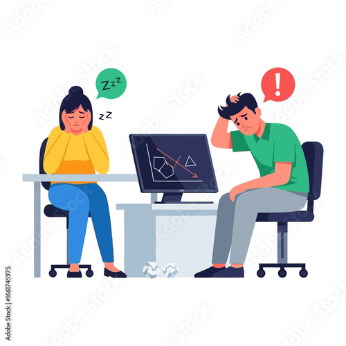 Exhausted Office Colleagues: A scene of workplace fatigue and stress, featuring a slumped colleague overwhelmed by a failure chart and a sleepy individual.