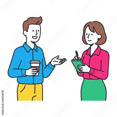 Collaborative Brainstorm: Two individuals, amidst an engaging discussion, with one holding a takeaway beverage. The scene captures professional rapport and shared ideas.