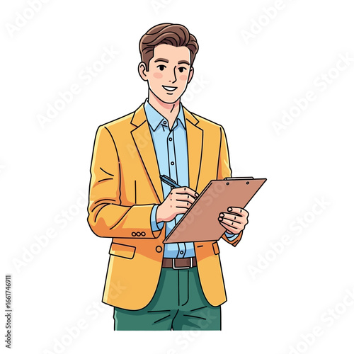 Smart Professional: A charismatic individual in professional attire diligently records notes, embodying knowledge and expertise. 