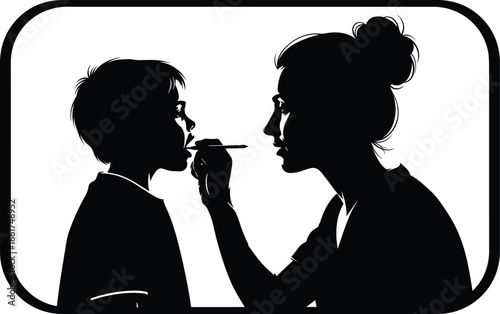 Mother feeding child silhouette, black and white vector, parent care illustration, medicine spoon concept, nurturing moment, family health design, editable graphic