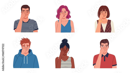 Shy People Covering Faces: A diverse group of individuals, illustrating various reactions of covering faces with hands. Capturing vulnerability, nervousness and self-consciousness.