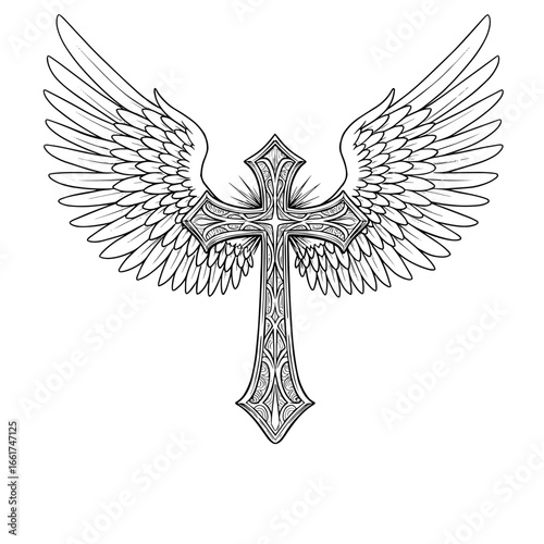 A detailed line drawing shows a cross with elaborate embellishments and angel wings, useful for tattoos or religious illustrations.