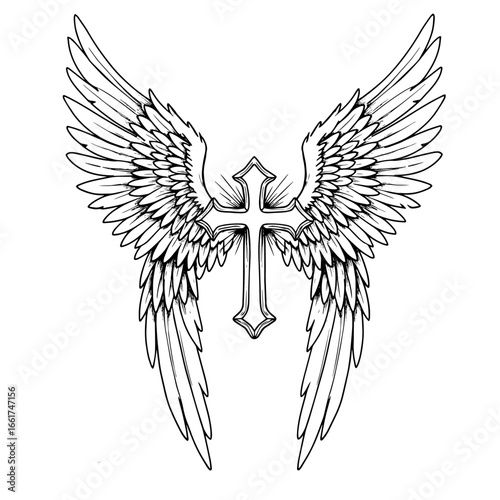 A sketch depicts a cross with wings, rendered in black lines, offering a spiritual or symbolic representation of faith and freedom.