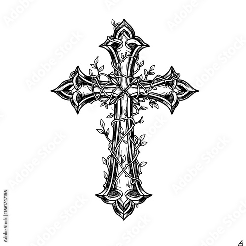 Ornate cross entwined with a winding vine, perfect for inspirational design or tattoo usage.