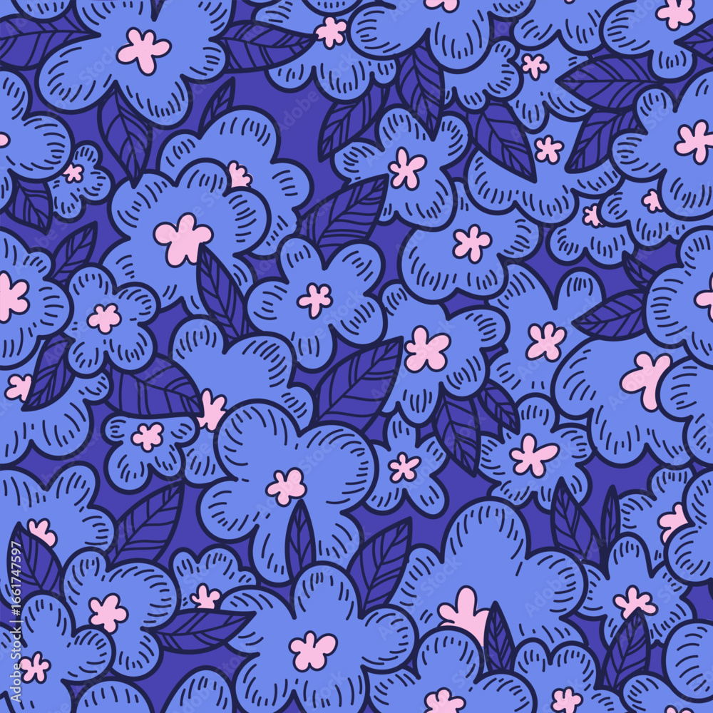 Naklejka premium Night flowers drawn with a line in a seamless vector pattern. Design for decoration, wall decor, wallpaper, cover, banner, poster, card.