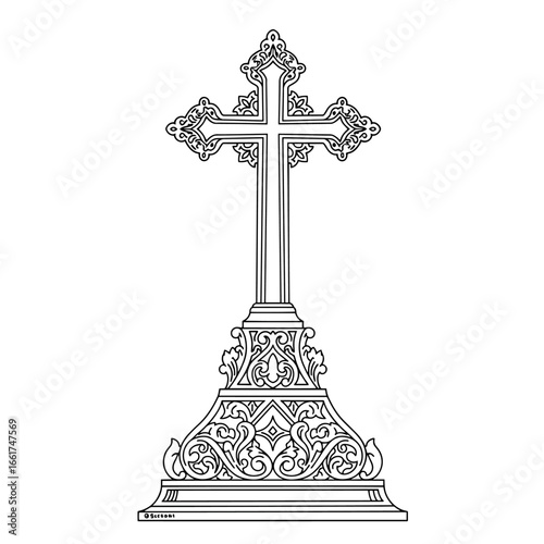 A detailed and ornate Christian cross with an elaborate base is rendered in a black-and-white line art style, suitable for coloring pages or religious illustrations.
