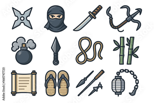 Ninja weapons and tools set including shuriken, katana, and nunchaku