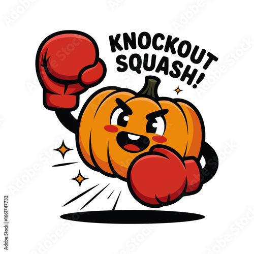 Pumpkin in boxing gloves declares knockout squash, suitable for fall season designs, healthy lifestyle promotions, and fitnessrelated content.
