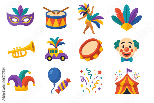 Colorful carnival icons featuring masks, drums, and festive decorations