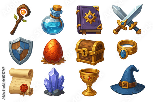 Fantasy game items collection: magic staff, potion, spellbook, swords, shield, egg, chest, ring, scroll, crystals, goblet, hat