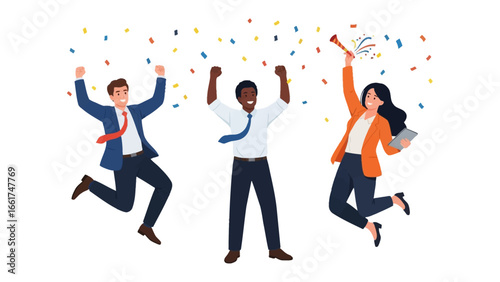 Celebration and Achievement: A jubilant team in business attire leaps with joy amidst a shower of confetti, embodying the spirit of success and triumph.