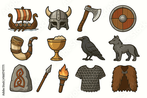 Collection of viking artifacts including longship, helmet, axe, and shield