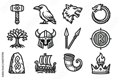 Norse viking symbols and mythical icons collection: hammer, ship, dragon, wolf