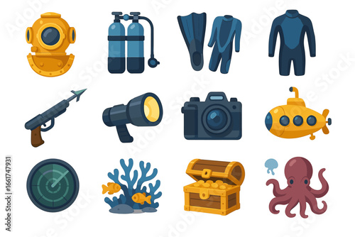 Diving equipment and marine exploration icons including helmet, camera, submarine, and octopus
