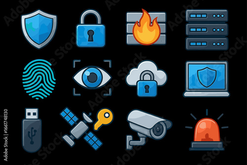 Security icons set featuring lock, firewall, and surveillance elements on black background