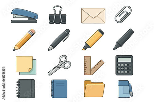 Set of office supplies: stapler, clips, envelopes, pens, highlighters, scissors, ruler, calculator