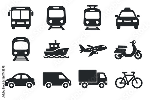 Set of transportation icons: bus, train, taxi, boat, airplane, motorcycle, car, bicycle
