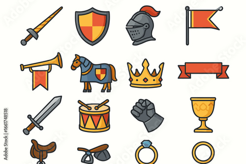 Medieval icons: sword, shield, helmet, horse, crown, banner, and more