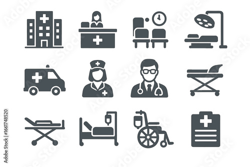Medical icons set: hospital, healthcare, ambulance, doctor, nurse, patient