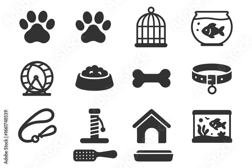 Pet care icons: paw print, fishbowl, cage, collar, house