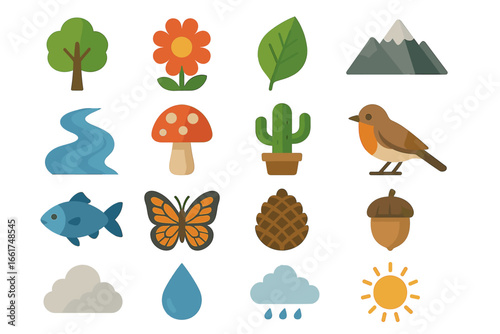 Nature icons set: trees, flowers, mountains, animals, and weather elements