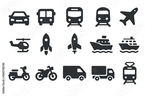 Transportation icons collection: car, plane, ship, train, rocket, bus, helicopter, motorcycle