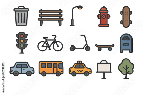 Icon set of urban objects featuring vehicles, park items, and public utilities