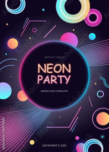 Neon party glowing template with geometric elements. Futuristic abstract design for flyer, banner, poster in dark theme.