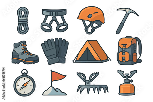 Essential hiking and camping equipment icons set